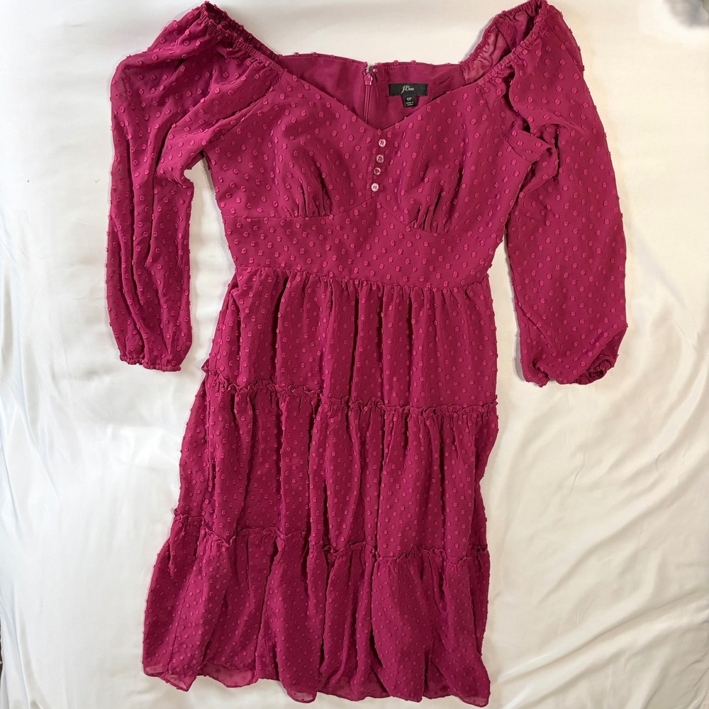 J.Crew 6P Pink Clip Dot Tiered Mini Dress Sweetheart Neck Long SleeveS
